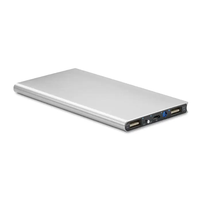 Power bank 8000 mah portabil dreptunghiular argintiu cu finisaj metalic elegant si multiple porturi usb