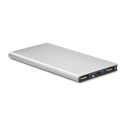 Power bank 8000 mah portabil dreptunghiular argintiu cu finisaj metalic elegant si multiple porturi usb