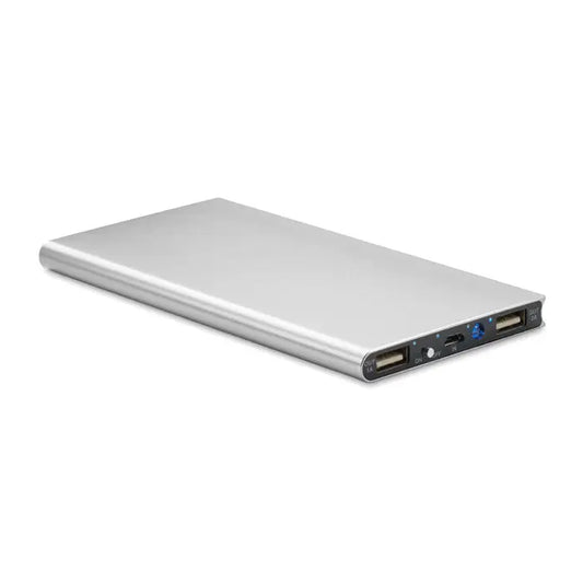 Power bank 8000 mah portabil dreptunghiular argintiu cu finisaj metalic elegant si multiple porturi usb