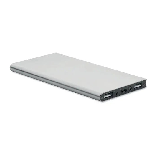 Power bank 8000 mah portabil dreptunghiular argintiu cu finisaj metalic si multiple porturi usb