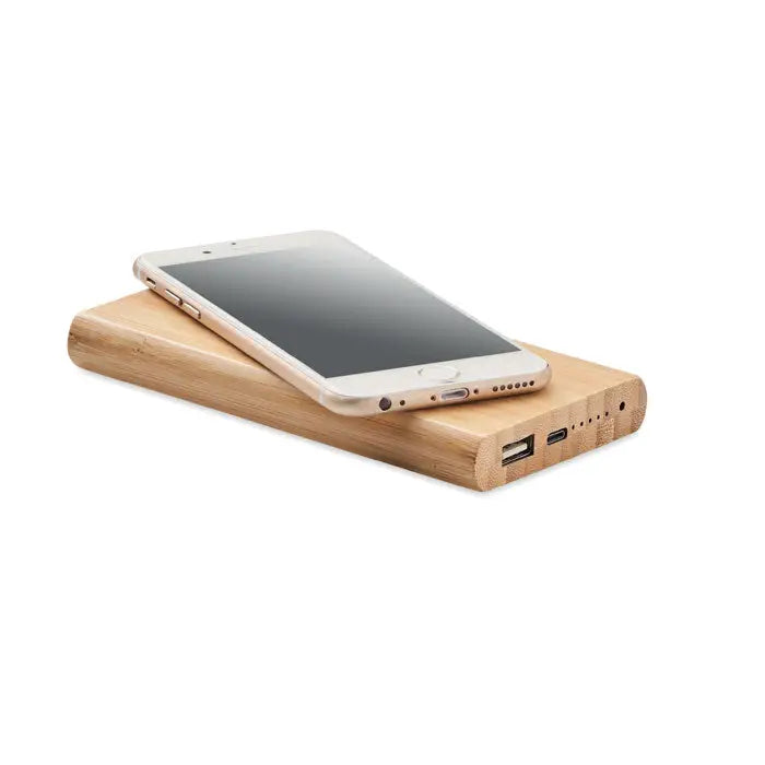 Power bank bamboo de 6000 mah usor de culoare din bambus cu port usb si lumini indicator de incarcare