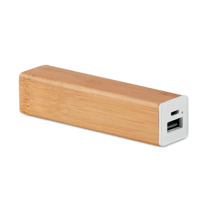 Power bank bambus 2200 mAh portabil dreptunghiular din bambus cu finisaj natural si porturi albe din plastic