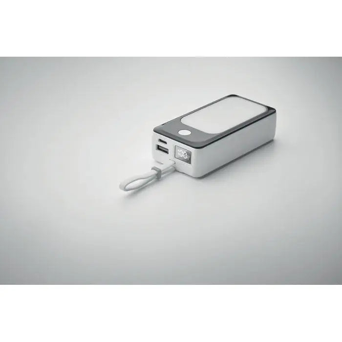 Power bank de 10000 mah alb si gri cu display digital usb si curea de mana portabil rectangular