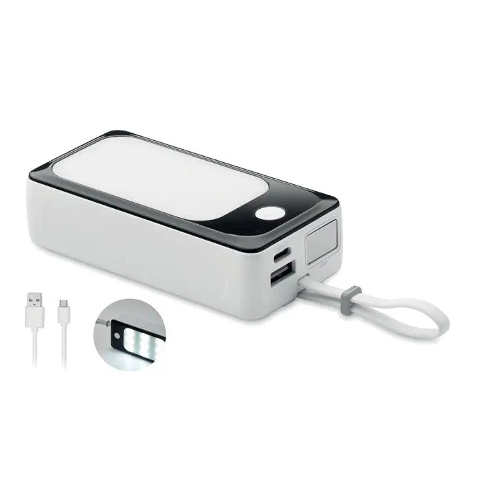 Power bank de 10000 mah cu cob alb si negru cu lumina led integrata, porturi usb si curea de mana portabila