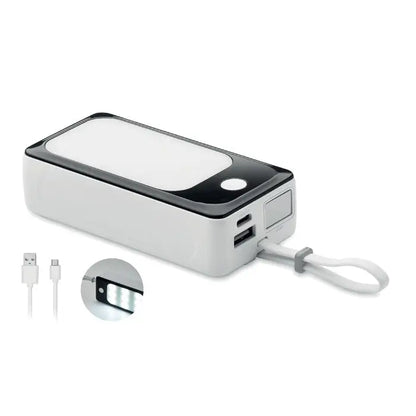 Power bank de 10000 mah cu cob alb si negru cu lumina led integrata, porturi usb si curea de mana portabila