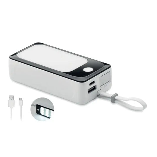 Power bank de 10000 mah cu cob alb si negru cu lumina led integrata, porturi usb si curea de mana portabila