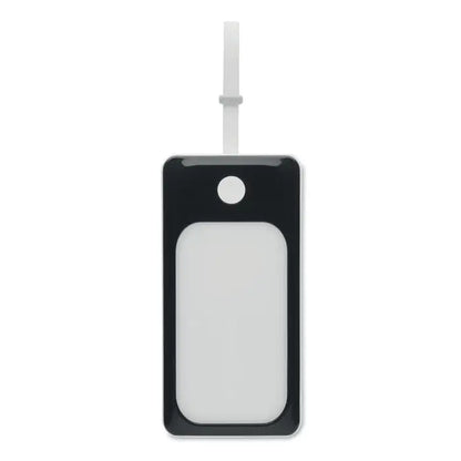 Eticheta dreptunghiulara neagra cu bucla alba din plastic si fereastra transparenta pentru power bank de 10000 mah cu cob