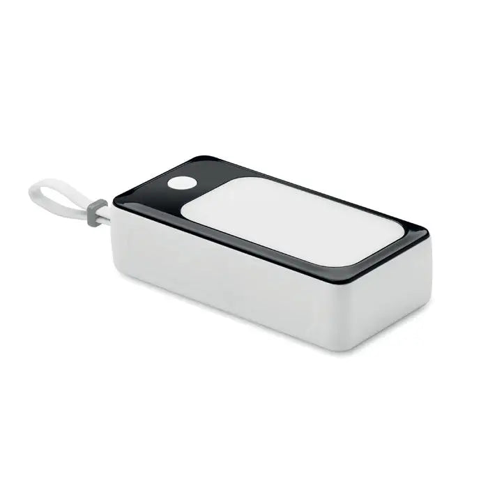 Power bank de 10000 mah cu cob alb si negru dreptunghiular cu finisaj mat si curea de mana alba atasata
