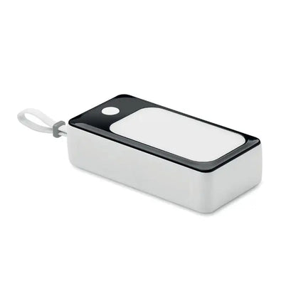 Power bank de 10000 mah cu cob alb si negru dreptunghiular cu finisaj mat si curea de mana alba atasata