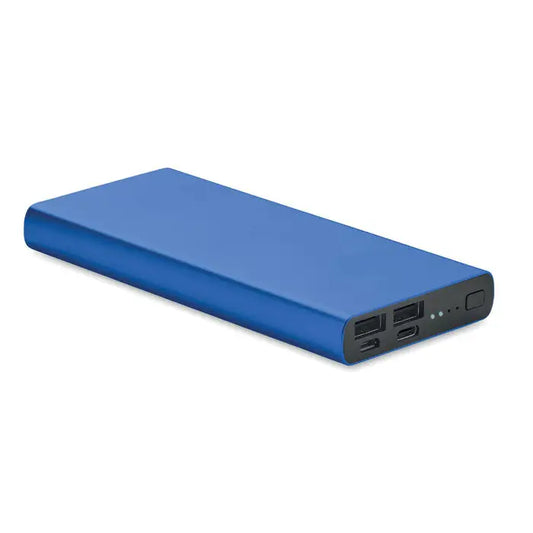 Power bank de 10000 mah albastru dreptunghiular cu multiple porturi usb si lumini indicator pe o parte