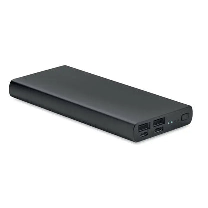 Power bank de 10000 mah negru dreptunghiular cu multiple porturi usb si lumini indicator pentru incarcarea dispozitivelor mobile