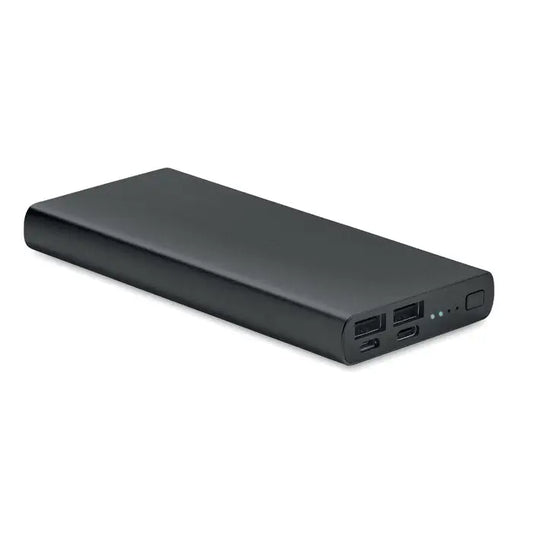 Power bank de 10000 mah negru dreptunghiular cu multiple porturi usb si lumini indicator pentru incarcarea dispozitivelor mobile