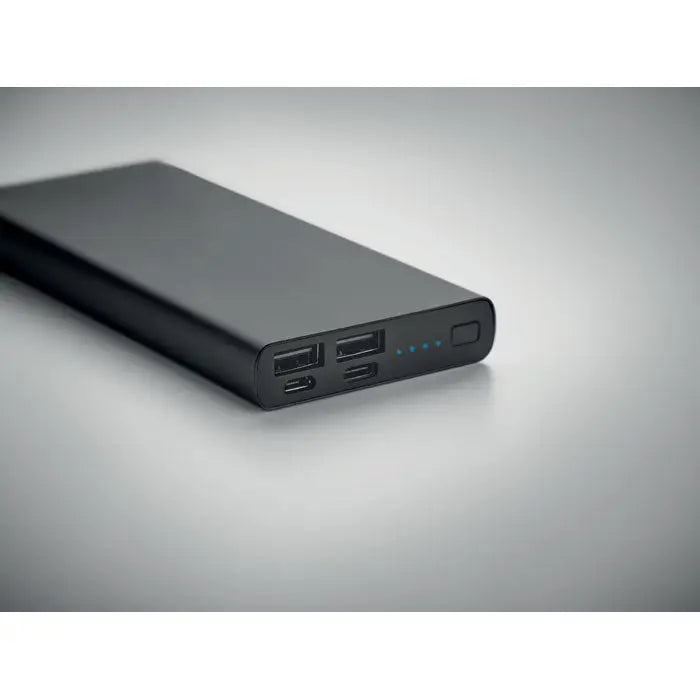 Power bank de 10000 mah negru dreptunghiular portabil cu mai multe porturi usb si indicatori led