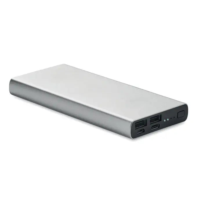 Power bank de 10000 mah argintiu dreptunghiular portabil cu multiple porturi usb si indicatori luminoși