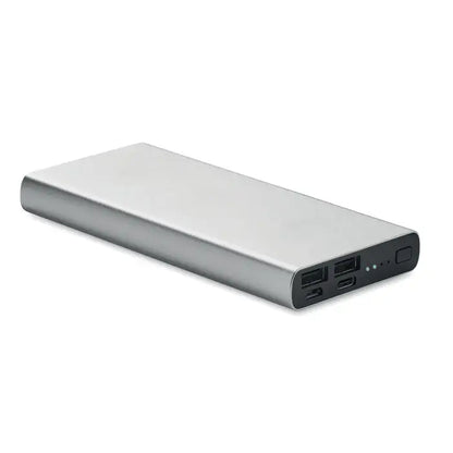 Power bank de 10000 mah argintiu dreptunghiular portabil cu multiple porturi usb si indicatori luminoși