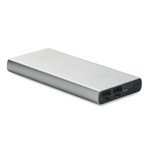 Power bank de 10000 mah argintiu dreptunghiular portabil cu multiple porturi usb si indicatori luminoși