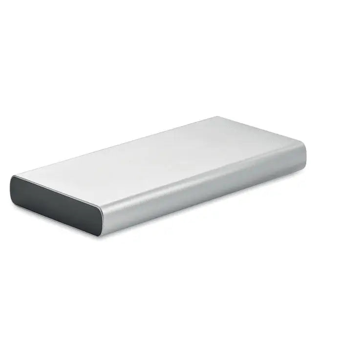 Power bank de 10000 mAh argintiu dreptunghiular cu finisaj metalic elegant si margini rotunjite portabil