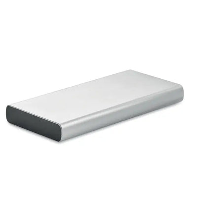 Power bank de 10000 mAh argintiu dreptunghiular cu finisaj metalic elegant si margini rotunjite portabil