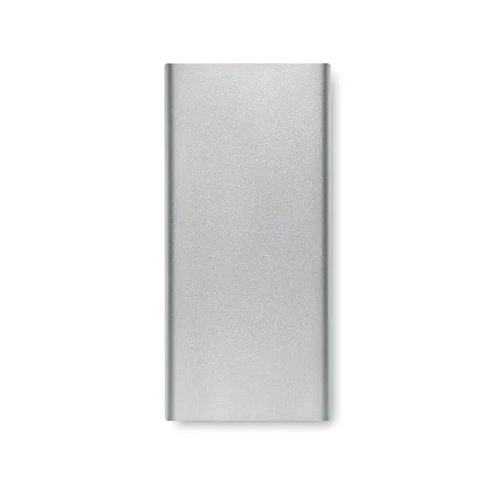 Power bank de 10000 mah argintiu dreptunghiular cu finisaj metalic mat portabil pentru incarcarea dispozitivelor mobile