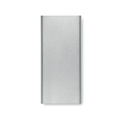 Power bank de 10000 mah argintiu dreptunghiular cu finisaj metalic mat portabil pentru incarcarea dispozitivelor mobile