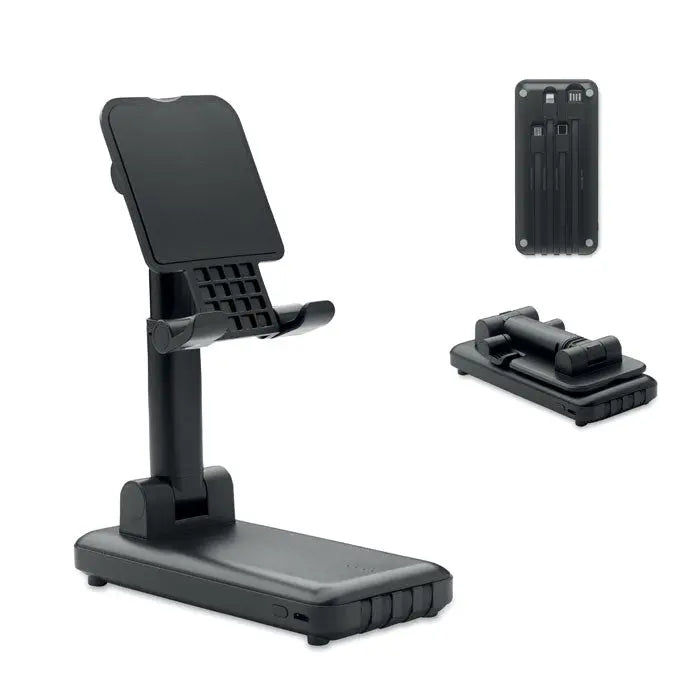 Stand negru pliabil din plastic cu port de incarcare integrat si prindere reglabila pentru power bank de 10000 mAh