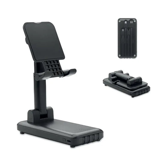 Stand negru pliabil din plastic cu port de incarcare integrat si prindere reglabila pentru power bank de 10000 mAh