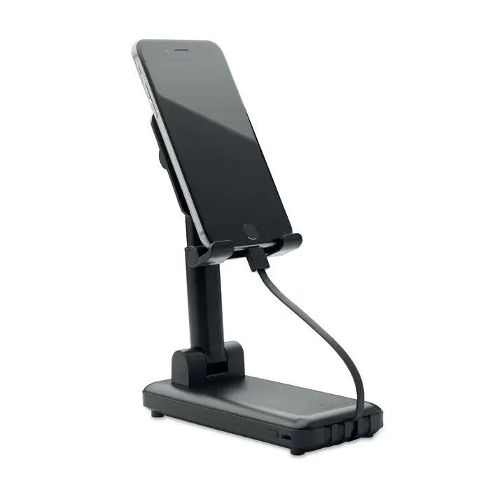 Power bank de 10000 mah cu suport telefon reglabil negru cu design minimalist si port incarcare integrat la baza