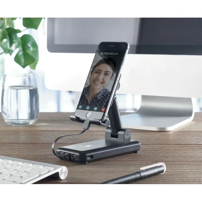 Suport de telefon ajustabil negru cu port de incarcare si cablu pentru power bank de 10000 mAh