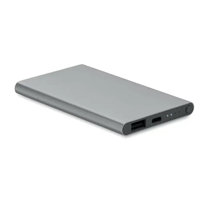 Power bank de 4000 mah tip c portabil dreptunghiular argintiu din metal mat cu doua porturi usb si leduri indicator