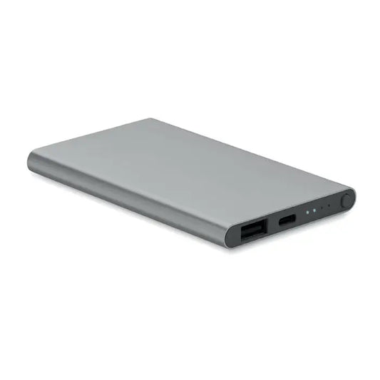 Power bank de 4000 mah tip c portabil dreptunghiular argintiu din metal mat cu doua porturi usb si leduri indicator