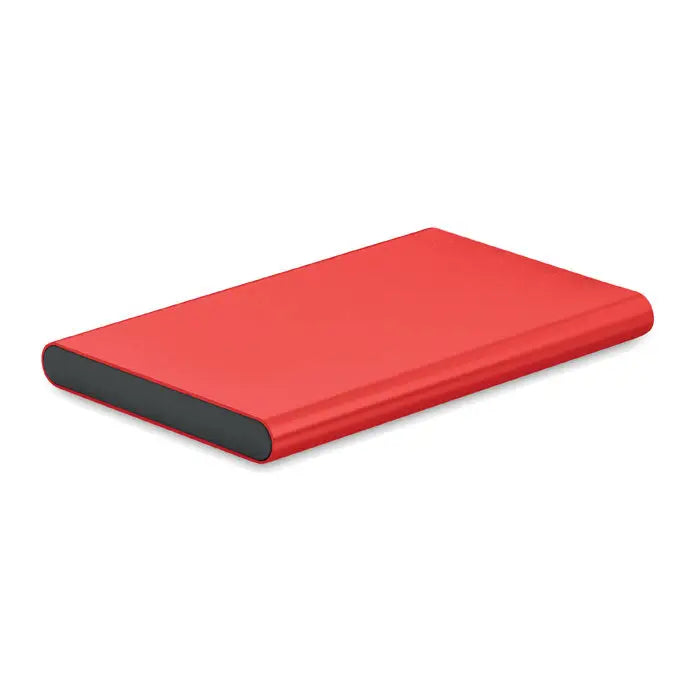 Power bank portabil roșu cu margini negre, design minimalist, capacitate de 4000 mAh și conector tip C
