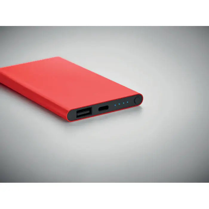 Power bank de 4000 mah tip c portabil dreptunghiular roșu cu finisaj mat și porturi usb-a și usb-c pe margine
