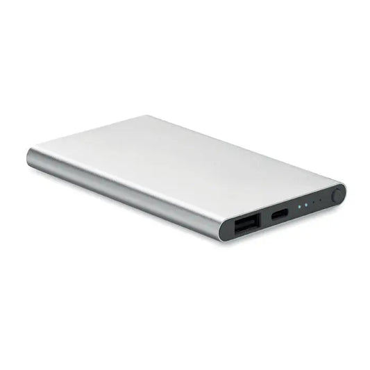 Power bank de 4000 mah tip c argintiu dreptunghiular cu finisaj mat si porturi negre pentru incarcare portabila