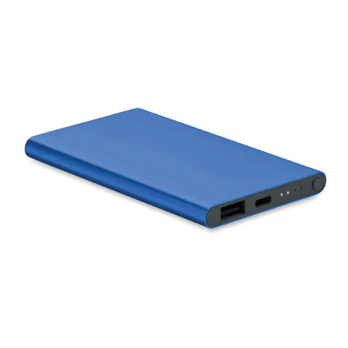 Power bank de 4000 mAh tip C albastru dreptunghiular cu finisaj mat si porturi negre portabil