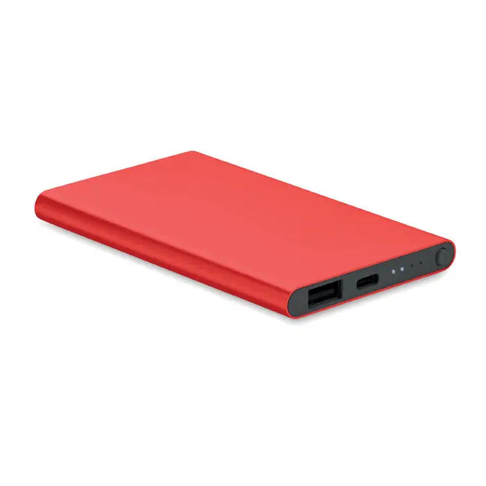 Power bank de 4000 mAh tip c roșu dreptunghiular cu finisaj mat și porturi negre pe o parte