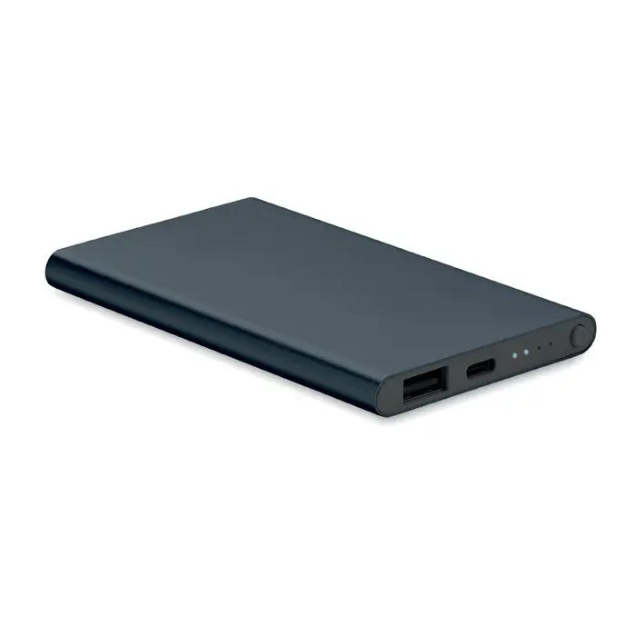 Power bank de 4000 mah tip c negru dreptunghiular cu finisaj mat, doua porturi usb si leduri indicator pe o parte