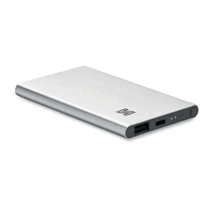 Power bank de 4000 mah tip c argintiu dreptunghiular din metal cu doua porturi usb si leduri indicator pe lateral