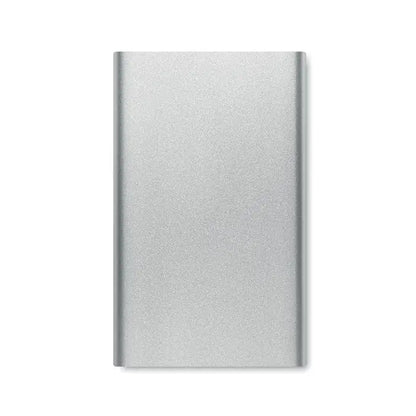 Power bank portabil dreptunghiular argintiu texturat cu design minimalist si capacitate 4000 mAh tip c