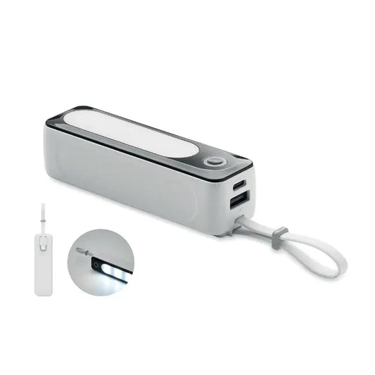 Power bank de 5000 mah portabil argintiu dreptunghiular cu led cob integrat si porturi usb cu curea alba de mana