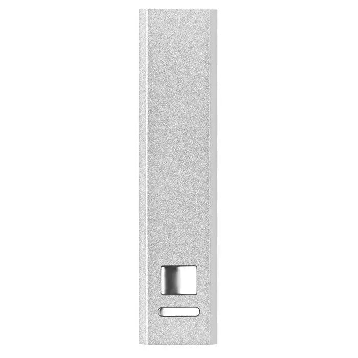 Power bank din aluminiu portabil dreptunghiular argintiu cu textură metalică și finisaj mat cu două sloturi orizontale
