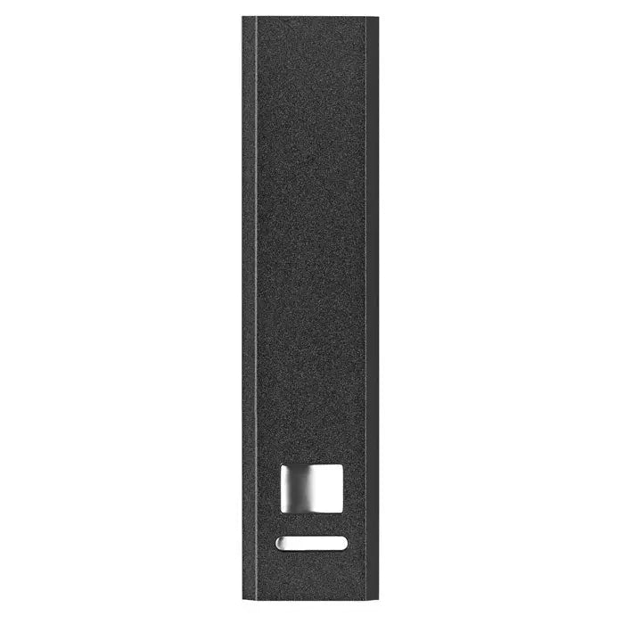 Power bank din aluminiu negru texturat cu slot metalic argintiu si decupaj orizontal la baza