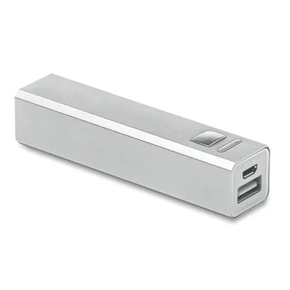Power bank din aluminiu argintiu dreptunghiular cu finisaj mat si doua porturi usb pentru incarcare rapida