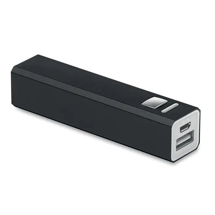 Power bank din aluminiu negru dreptunghiular cu accente argintii si porturi usb duble