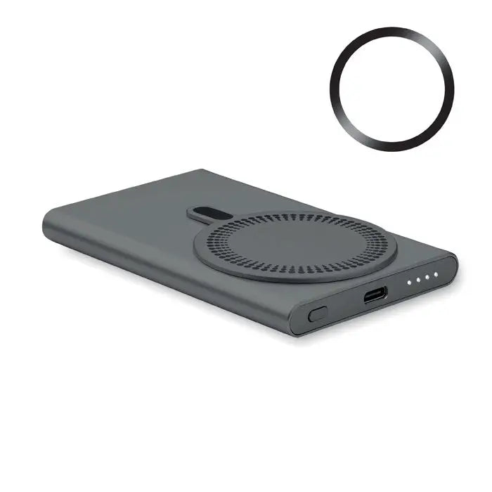 Power bank încărcător wireless gri dreptunghiular cu pad circular de încărcare și port usb-c
