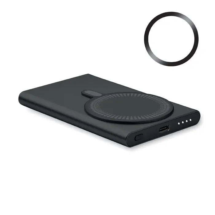 Incarcator wireless negru dreptunghiular cu pad circular si port usb-c pentru power bank