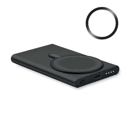 Incarcator wireless negru dreptunghiular cu pad circular si port usb-c pentru power bank