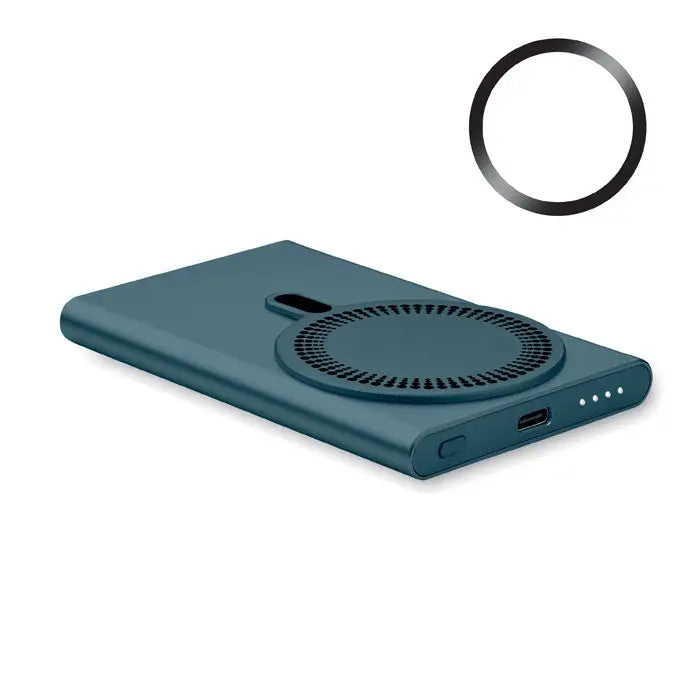 Incarcator wireless teal dreptunghiular cu pad circular si port usb-c pentru power bank