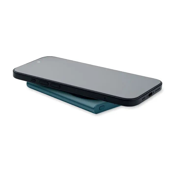 Power bank incarcator wireless teal cu design dreptunghiular si finisaj metalic neted pentru incarcare wireless