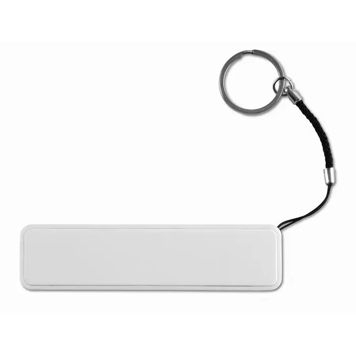 Power bank portabil alb cu cheie argintie si cablu negru, capacitate 2200 mAh