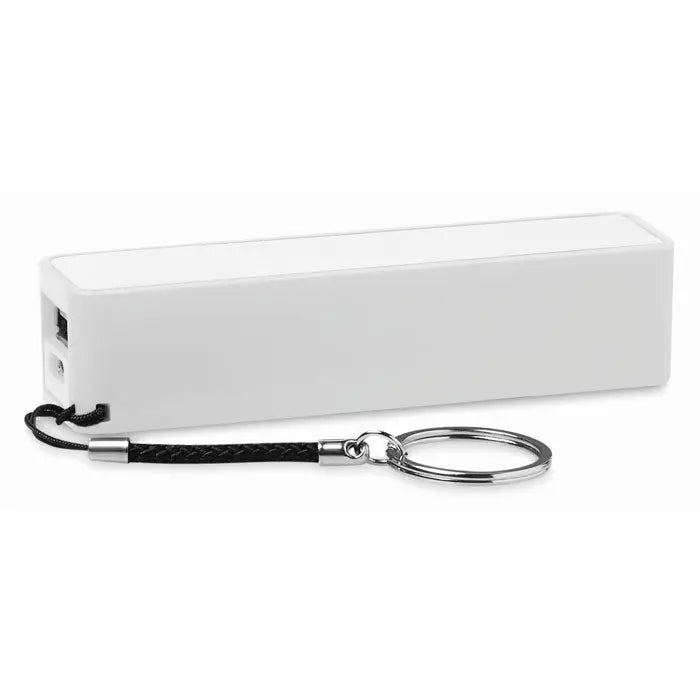 Încărcător portabil alb dreptunghiular power bank 2200 mAh cu breloc negru împletit și inel metalic argintiu